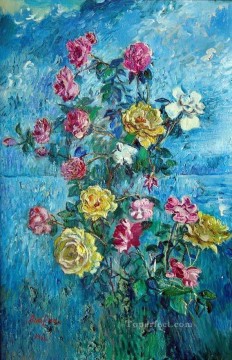 Flores Painting - rosas con fondo azul 1960 decoración moderna flores